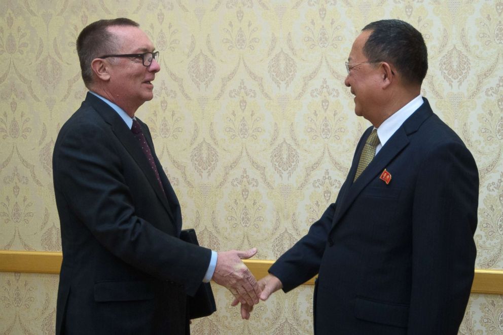 PHOTO: North Korean senior ruling party leader Ri Su-Yong (R) shakes hands with Jeffrey Feltman, the UN's under secretary general for political affairs, at Mansudae Assembly Hall in Pyongyang, Dec. 7, 2017.
