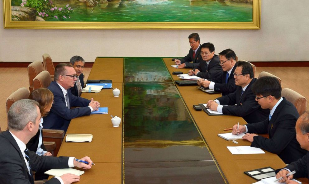PHOTO: UN under-secretary-general Jeffrey Feltman (3rd L) and North Korean Vice Minister of Foreign Affairs Pak Myong Guk (3rd R) engage in talks in Pyongyang, Dec. 6, 2017. 