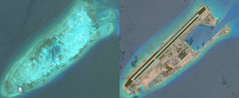 PHOTO: DigitalGlobe overview imagery comparing Fiery Cross Reef from May 31, 2014 to June 3, 2016. Fiery Cross is located in the western part of the Spratly Islands group. 