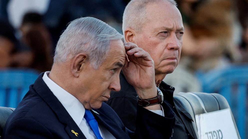 PHOTO: Israeli Prime Minister Benjamin Netanyahu and Israeli Defense Minister Yoav Gallant attend a ceremony for the 70th cohort of military combat officers, at an army base near Mitzpe Ramon, Israel, Oct. 31, 2024.