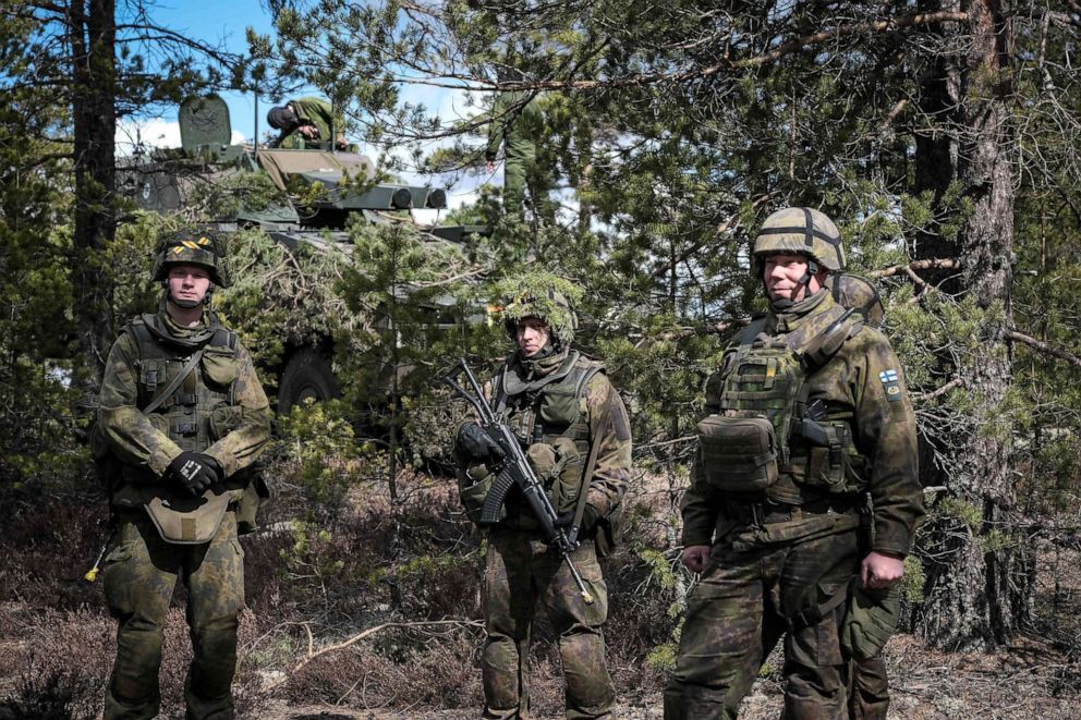 PHOTO: Finnish soldiers take part in the military exercise Arrow 22 in Niinisalo, Finland, on May 4, 2022. Finland is hosting the military training called Arrow 22 with the participation of divisions of Britain, Latvia, Estonia and the U.S.