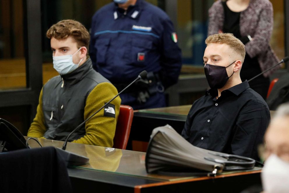 PHOTO: U.S. citizens Finnegan Lee Elder, right, and Gabriel Natale-Hjorth, left, who are being tried on murder charges in the 2019 killing of an Italian police officer, wait for closing arguments to begin in a courtroom in Rome, Italy, on April 26, 2021.
