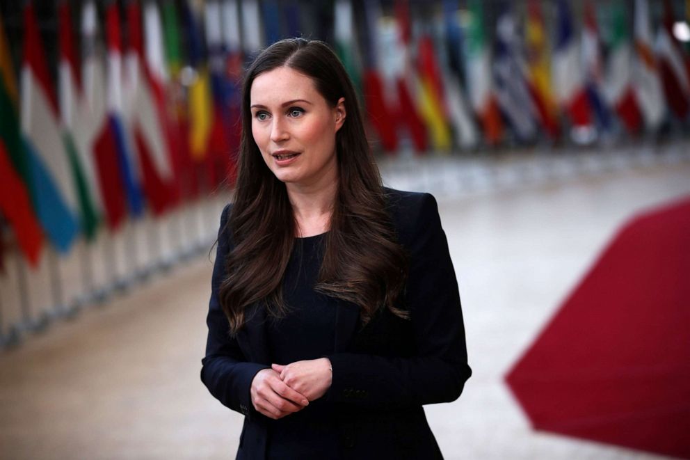 PHOTO: Finish Prime Minister Sanna Marin makes a statement as she arrives for the fourth day of a summit with European Union leaders at the European Council building in Brussels, Belgium, on July 20, 2020.