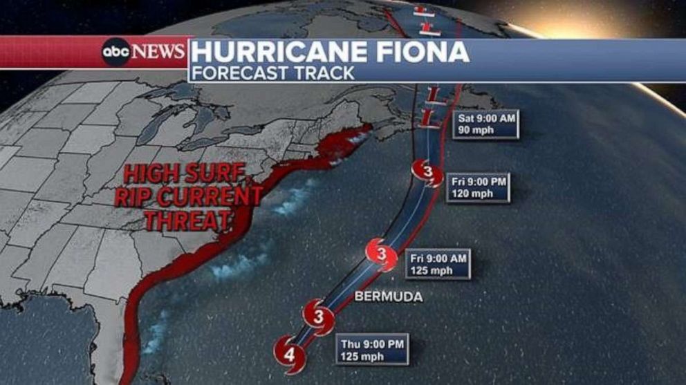 PHOTO: A map indicates a forecast track for Hurricane Fiona on Sept. 22, 2022.