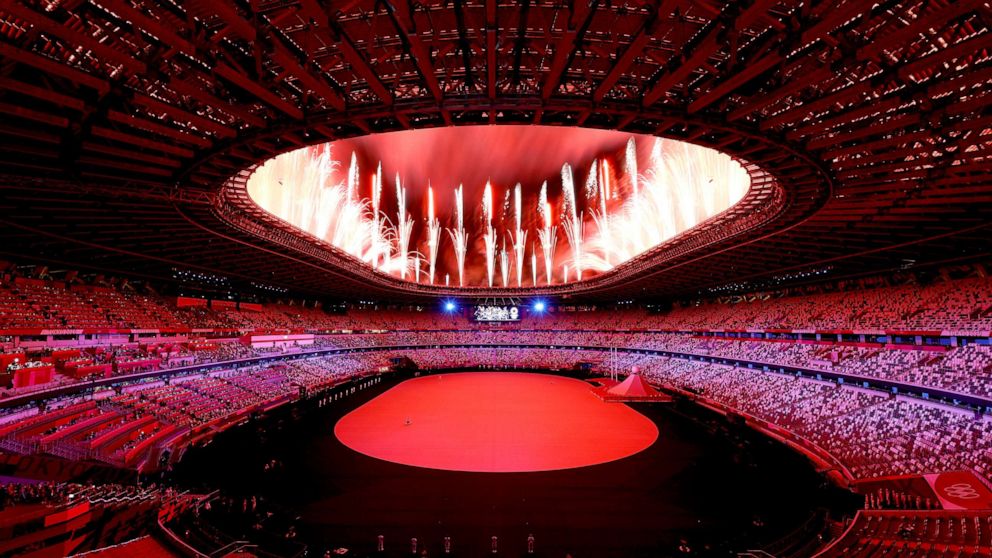 PHOTO: Fireworks explode during the Opening Ceremony of the Tokyo 2020 Olympic Games at Olympic Stadium on July 23, 2021 in Tokyo, Japan.