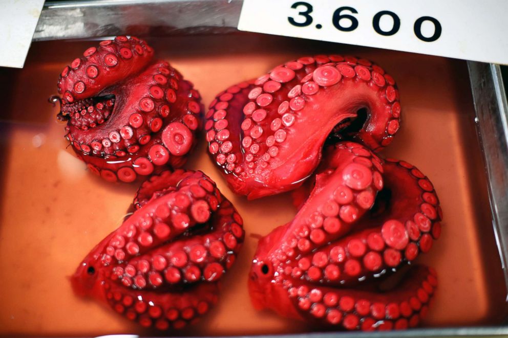 PHOTO: Boiled octopus are displayed for sale at the Tsukiji fish market in Tokyo, Sept. 25, 2018.