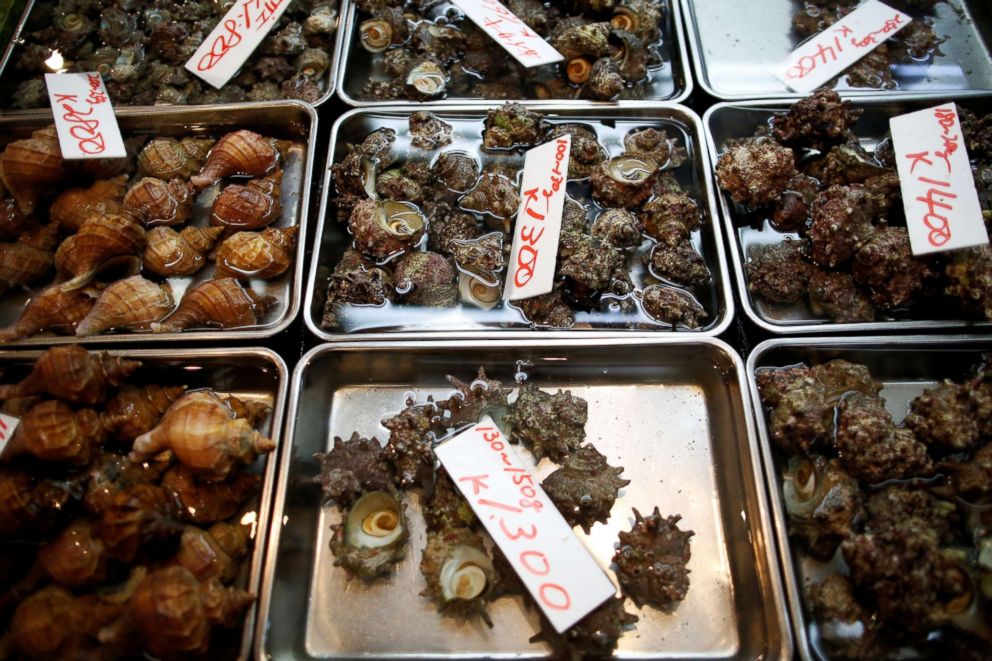 PHOTO: Shellfish are displayed for sale at the Tsukiji fish market in Tokyo, Sept. 29, 2018.