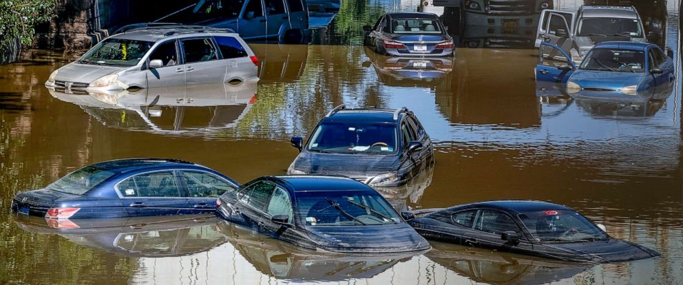 PHOTO: Cars and trucks left stranded in high water on an expressway after flash flooding in New York, from Hurricane Ida, Sept. 2, 2021.
