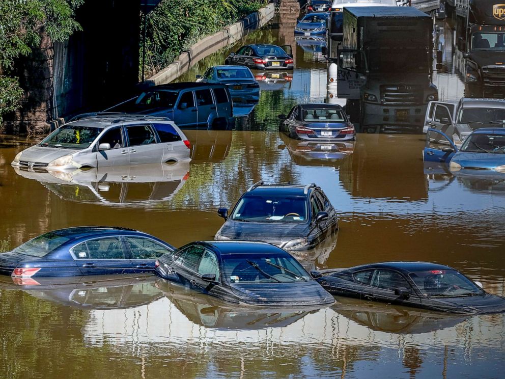 PHOTO: Cars and trucks left stranded in high water on an expressway after flash flooding in New York, from Hurricane Ida, Sept. 2, 2021.
