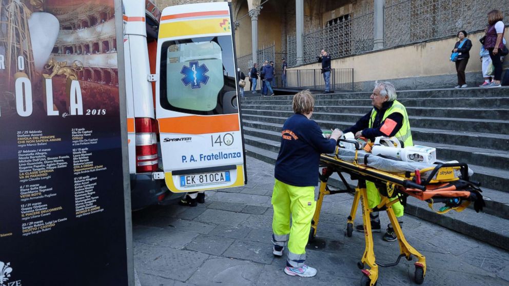 PHOTO: Medical personnel outside Santa Croce Basilica where a 52-year-old Spanish tourist was killed after being struck by a piece of masonary that fell off the top of a nave in Santa Croce Basilica in Florence, Italy, Oct. 19, 2017. 