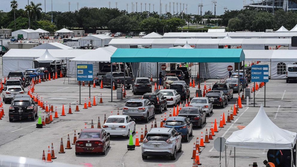 PHOTO: Cars line up at a rapid antigen coronavirus testing site at Hard Rock Stadium in Miami Gardens near Miami, Aug. 5, 2020.