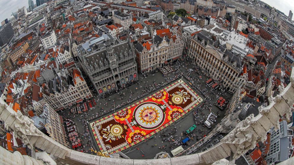 PHOTO: A 20,000 square feet flower carpet on the theme "Guanajuato, cultural pride of Mexico" and made with over 500,000 dahlias and begonias is seen at Brussels' Grand Place, Aug. 16, 2018.