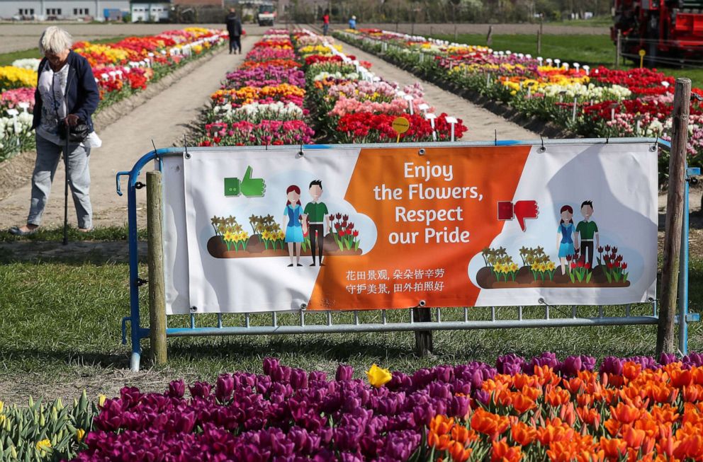 PHOTO: A sign is seen at the entrance of a tulips field near the city of Creil, Netherlands, April 18, 2019.