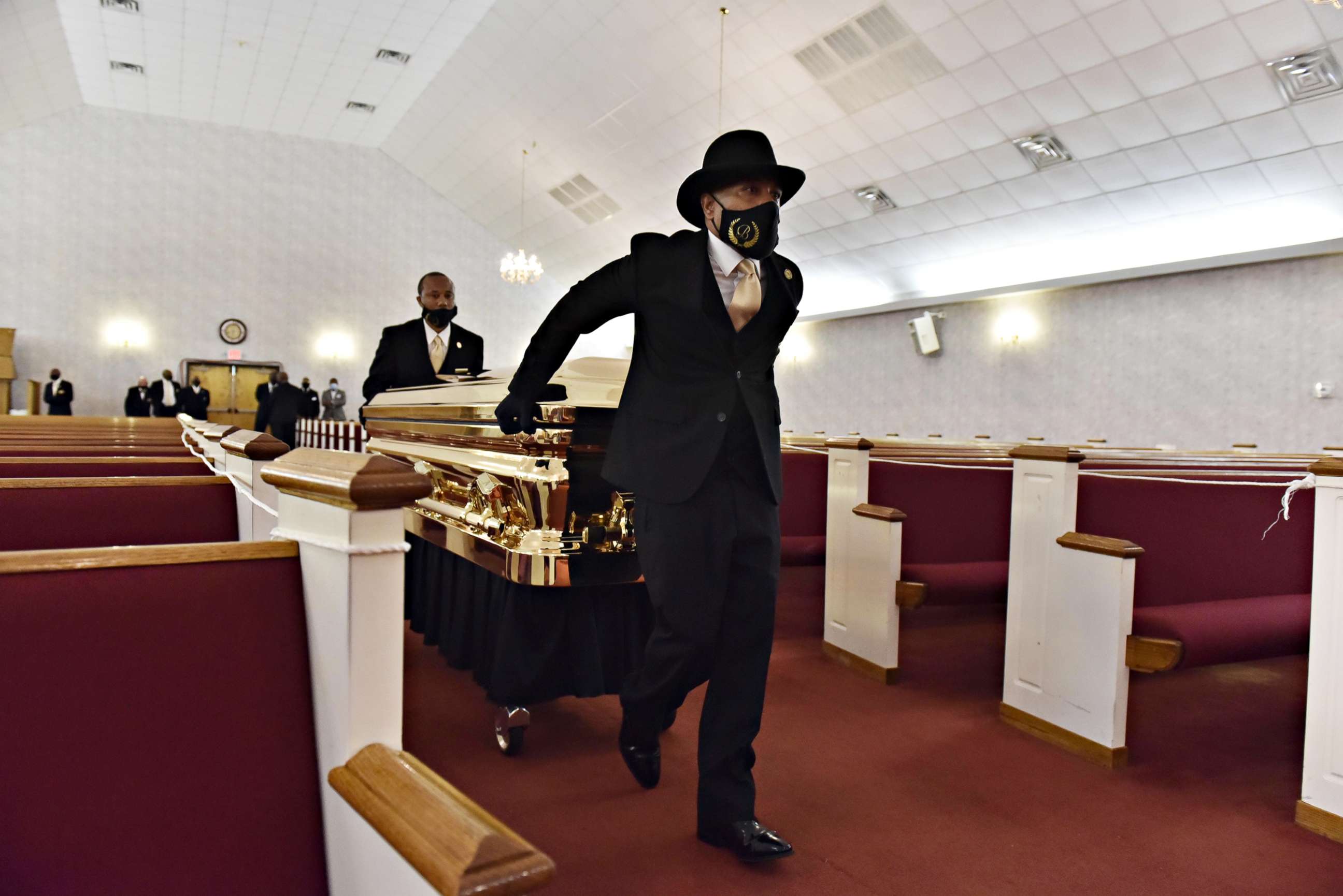 PHOTO: The casket carrying the body of George Floyd is brought inside for his memorial services at R.L Douglas Cape Fear Conference B - The United American Free Will Baptist Denomination in Raeford, North Carolina, June 2020.