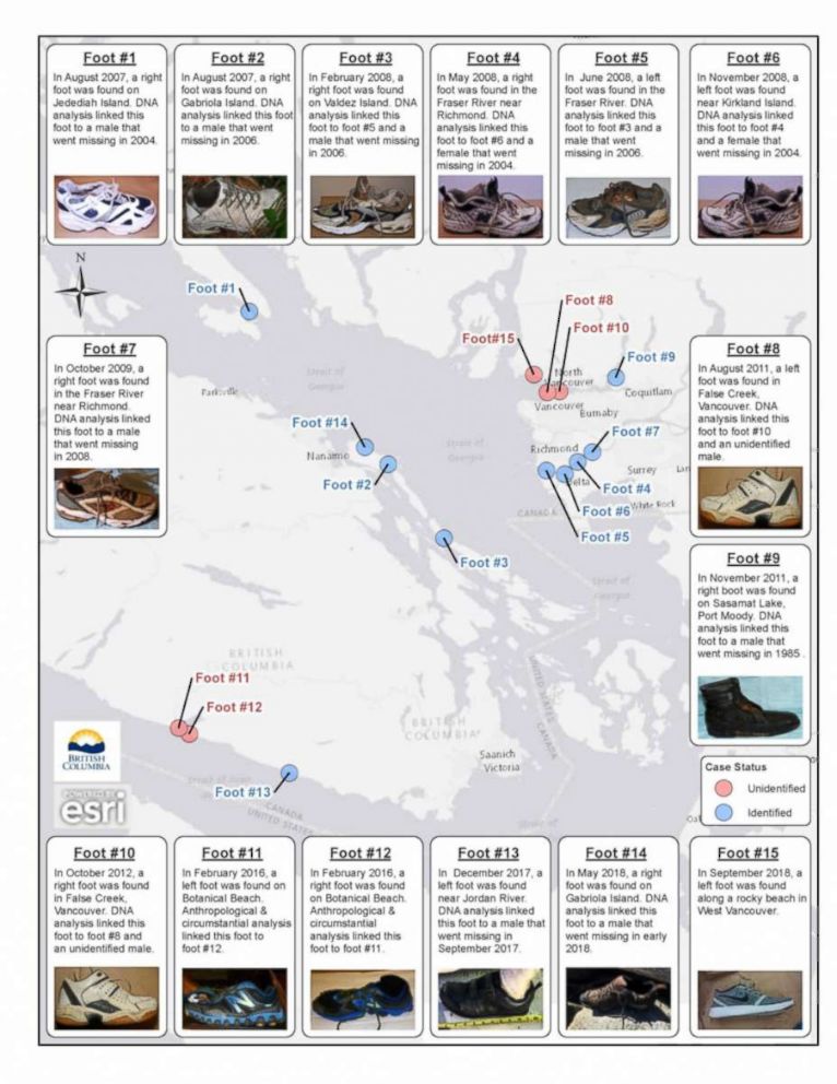 PHOTO: An infographic shows where human feet have been found on British Columbia shorelines since August 2007.