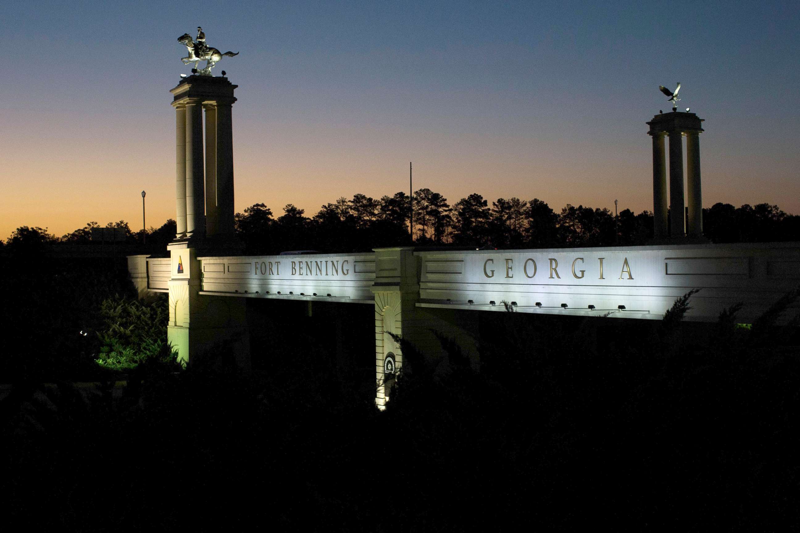PHOTO: A bridge marks the entrance to the U.S. Army's Fort Benning as the sun rises in Columbus, Ga., Oct. 16, 2015.