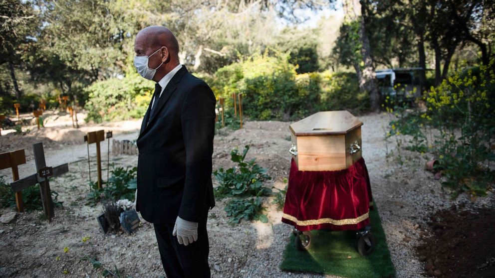 PHOTO: An undertaker wearing a protective mask amid the outbreak of the COVID-19, takes part in the burial ceremony of a man at the Aix-en-Provence cemetery, southern France, on April 7, 2020.