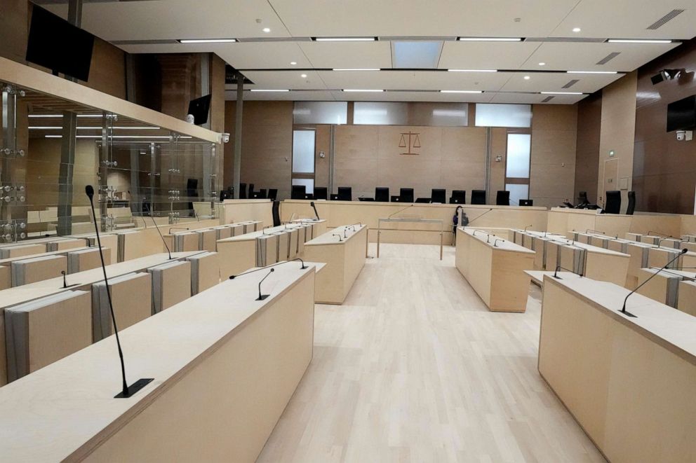 PHOTO: The specially built courtroom is pictured Thursday, Sept. 2 2021, at the court house in Paris. France is putting on trial 20 men accused in the Nov. 13, 2015, Islamic State terror attacks on Paris that left 130 people dead and hundreds injured.
