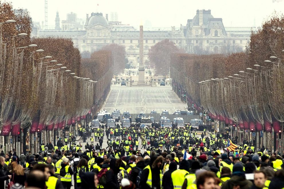PHOTO: Protesters gather during a Yellow Vest demonstration on the Champs Elysees in Paris, France, Dec. 15, 2018.