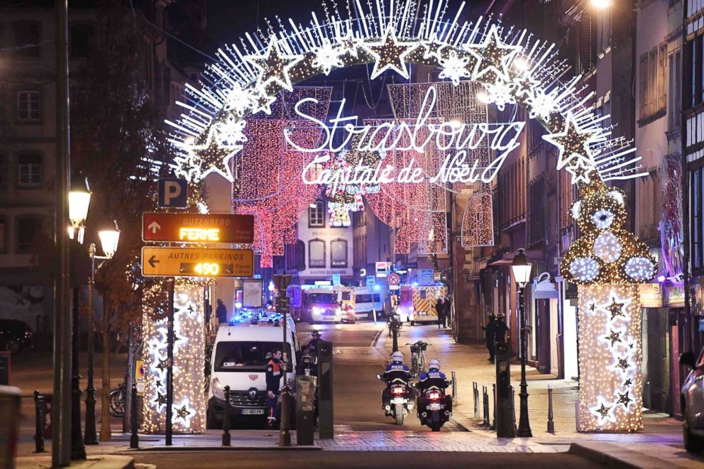 PHOTO: Police motorcycles drive in the streets of Strasbourg, eastern France, after a shooting breakout, on Dec. 11, 2018.