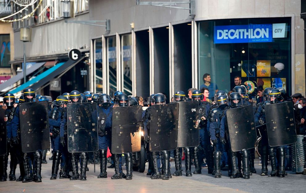 PHOTO: A line of riot policemen block the route of protesters on Sainte-Catherine Street in Bordeaux, south-western France on Dec. 10, 2019, during a demonstration held to protest against proposed pension overhauls.