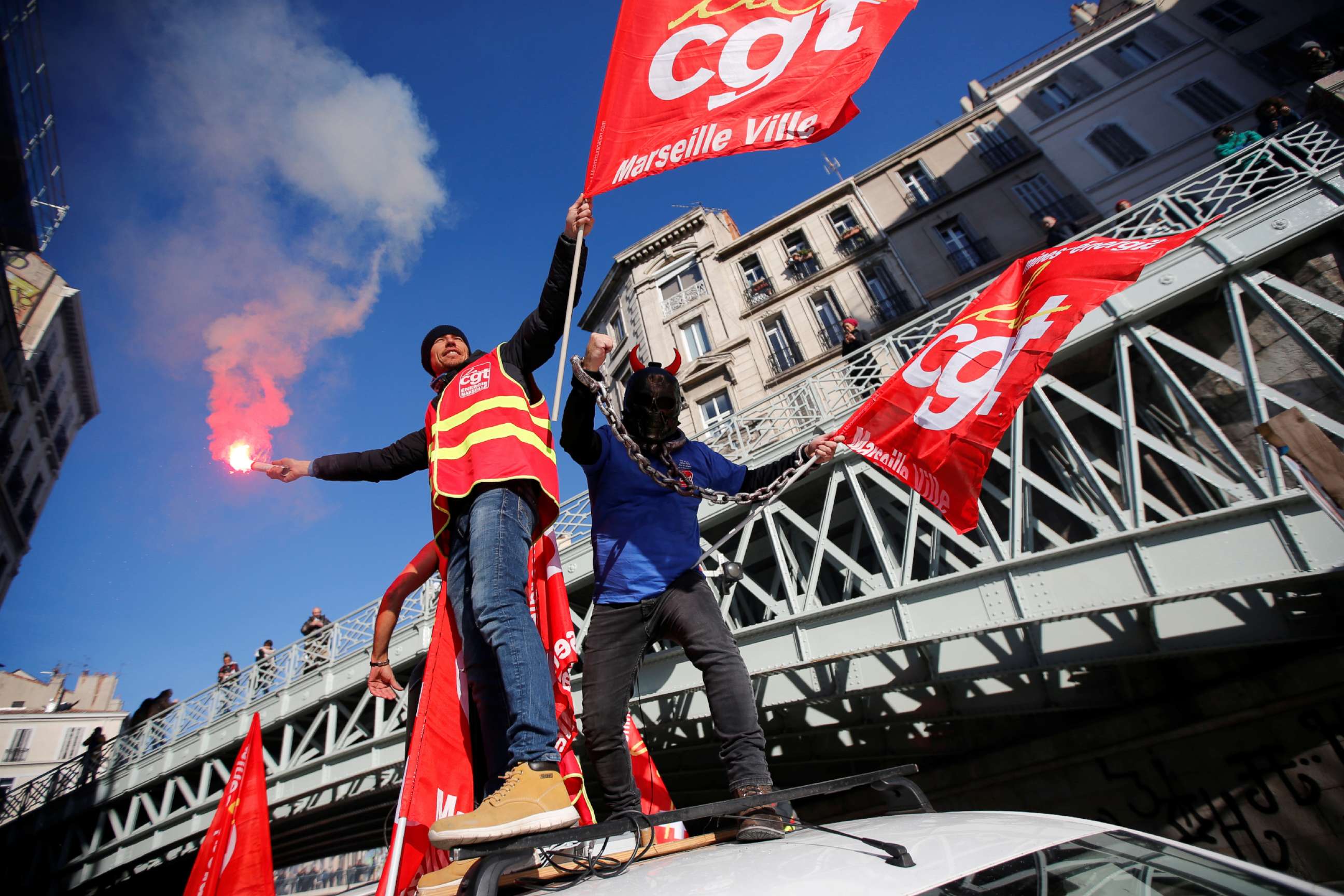 PHOTO: French CGT labour union workers attend a demonstration against French government's pensions reform plans in Marseille as part of a second day of national strike and protests in France, Dec. 10, 2019.