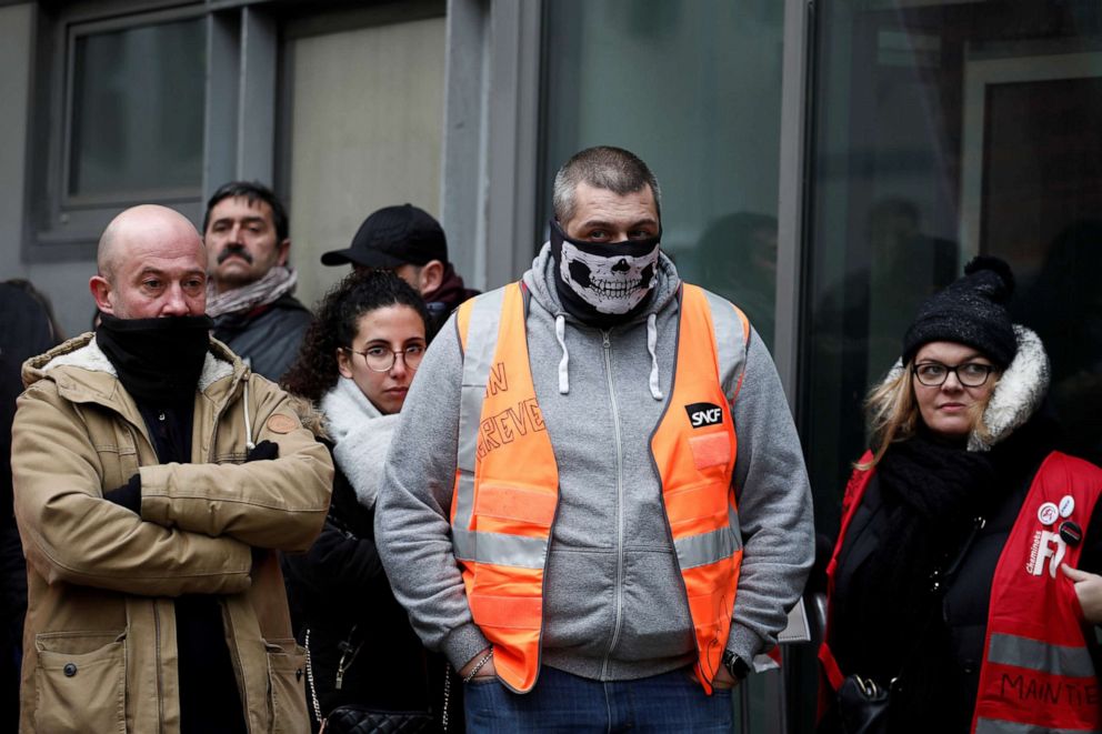 PHOTO: French SNCF railway workers on strike attend a meeting at Gare du Nord railway station in France, Dec. 5, 2019.