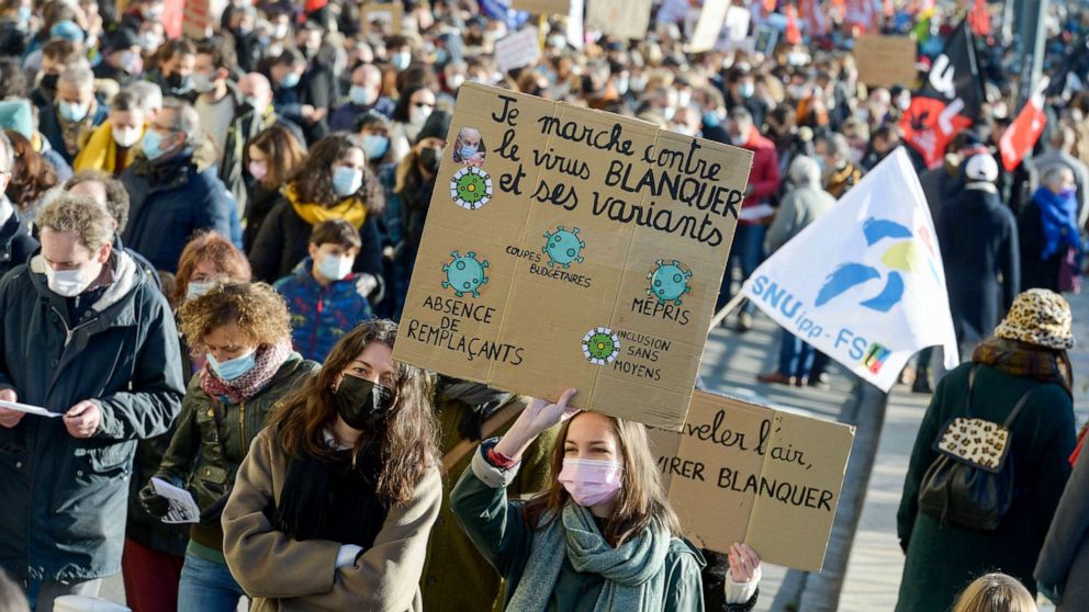 PHOTO: Around 3000 demonstrators took to the streets to protest against the protocols put in place in schools in order to fight against the epidemic of COVID-19 in Rennes, France, Jan. 13, 2022.