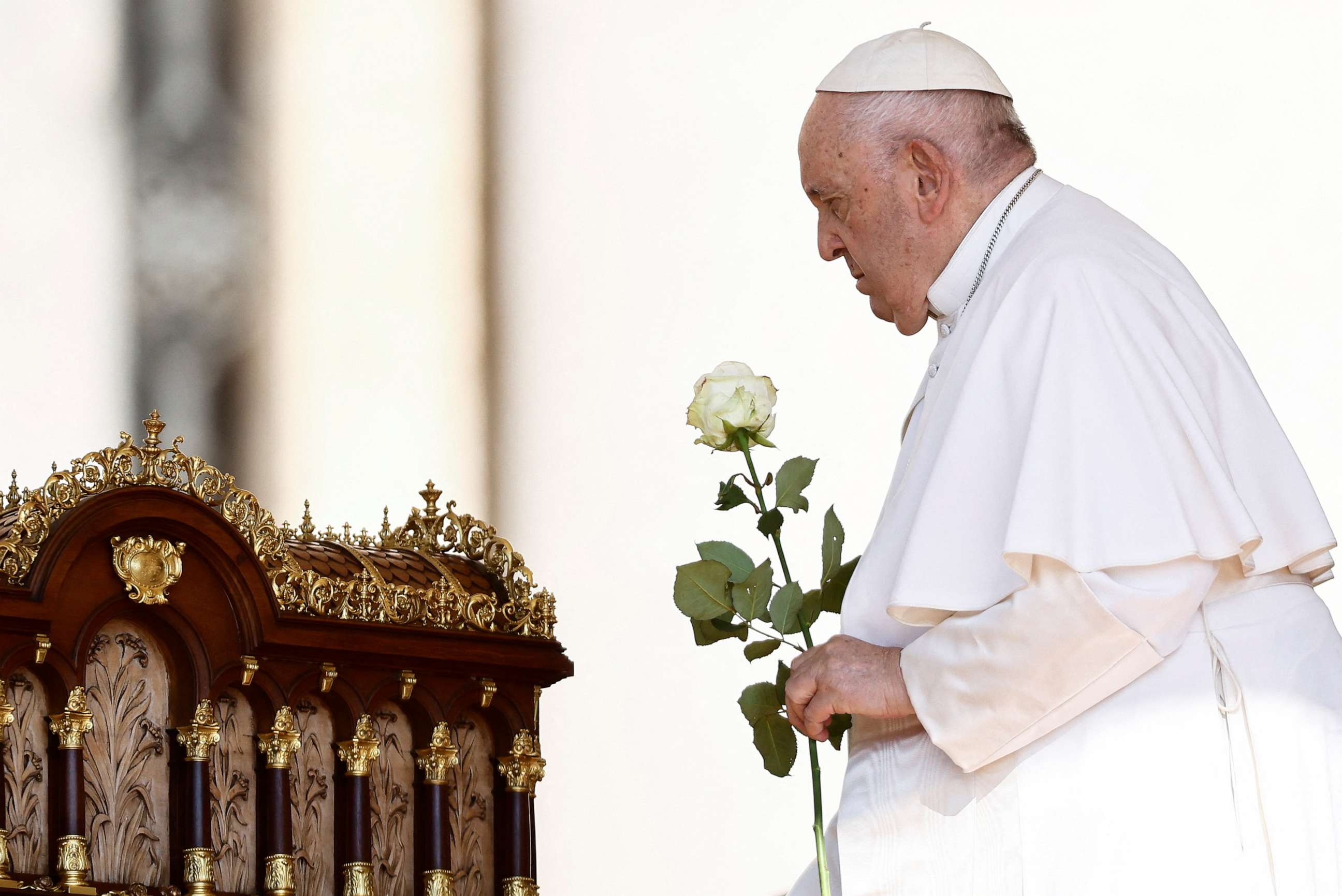 PHOTO: Pope Francis pays tribute to the relic of Saint Therese of Lisieux during the weekly general audience in St. Peter's Square at the Vatican, June 7, 2023.