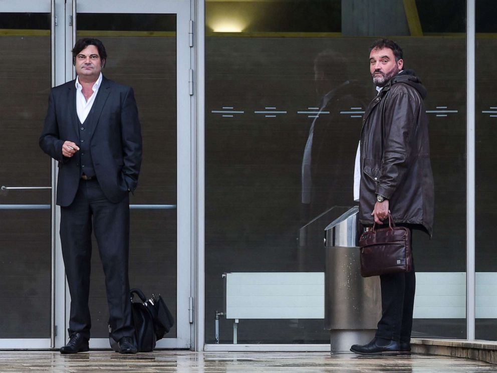PHOTO: Frederic Pechier, right and his lawyer Randall Schwerdorffer, left, stand outside the Besancon courthouse in Paris on June 12, 2019.