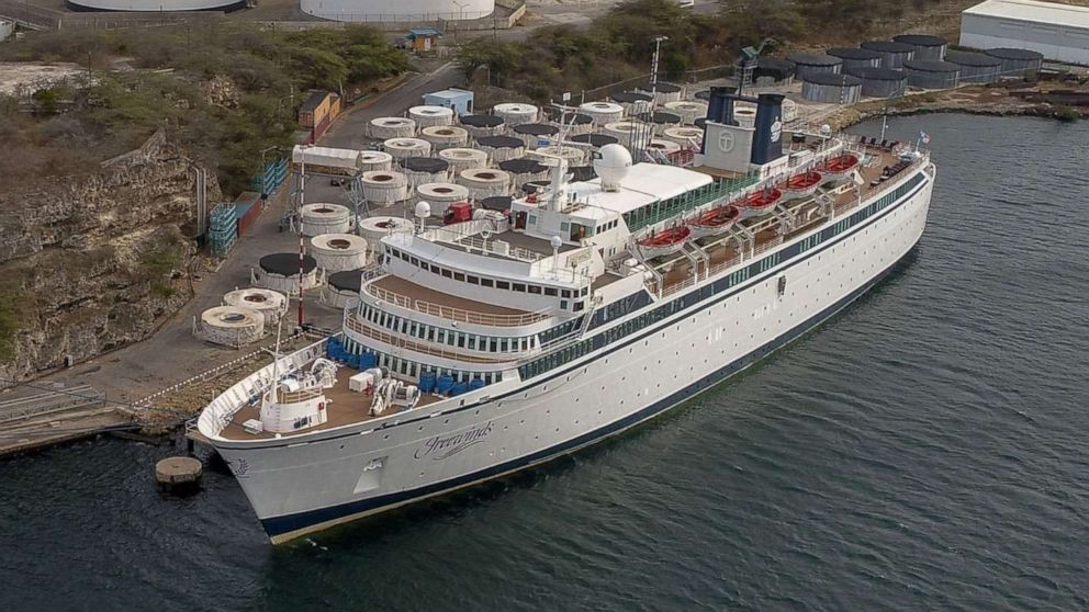 PHOTO: Aerial view of the Freewinds cruise ship, anchored in Willemstad, Curacao, on May 4, 2019.