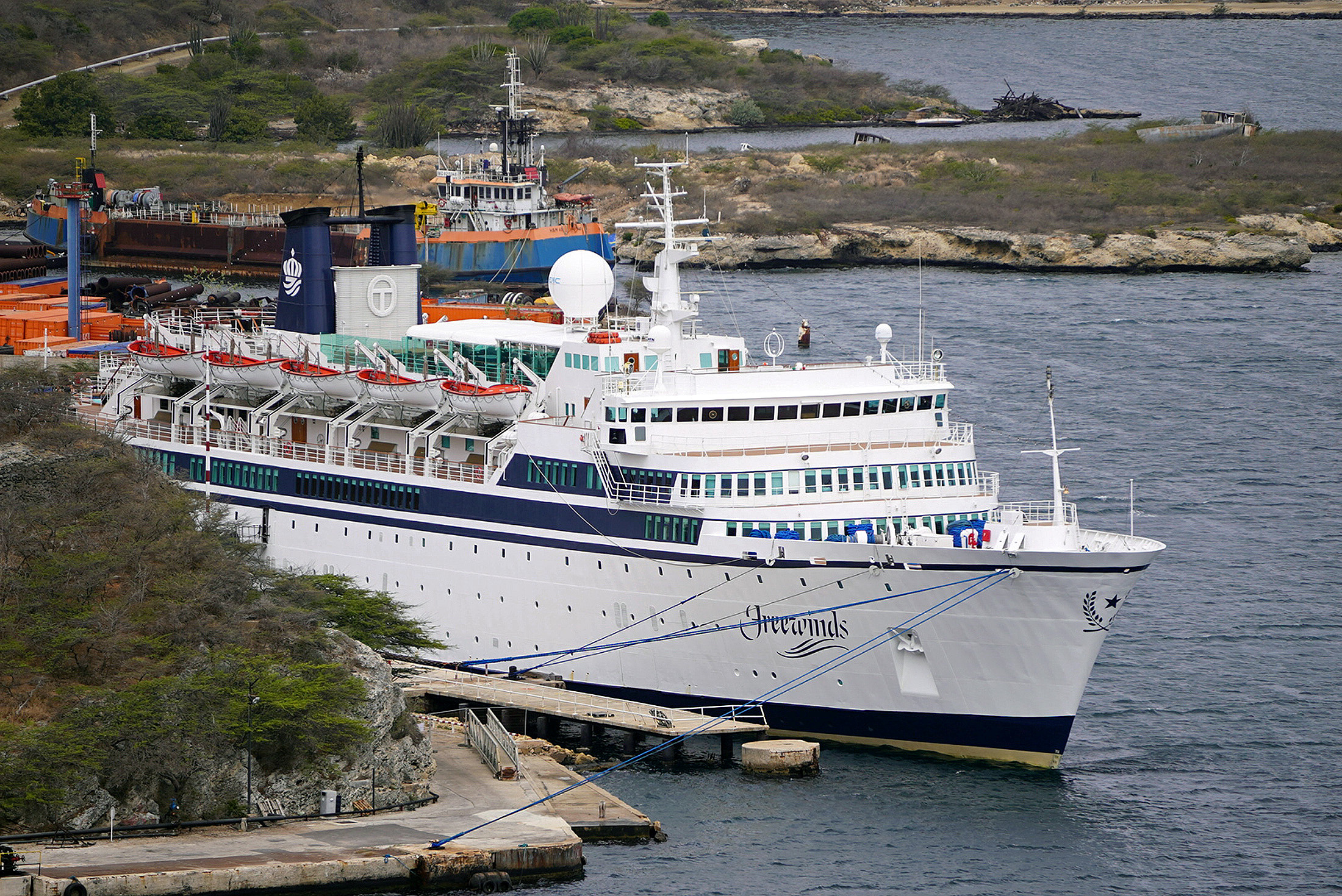 PHOTO: A 440-foot ship owned and operated by the Church of Scientology, SMV Freewinds, is docked under quarantine from a measles outbreak in port in Willemstad, Curacao, May 4, 2019.