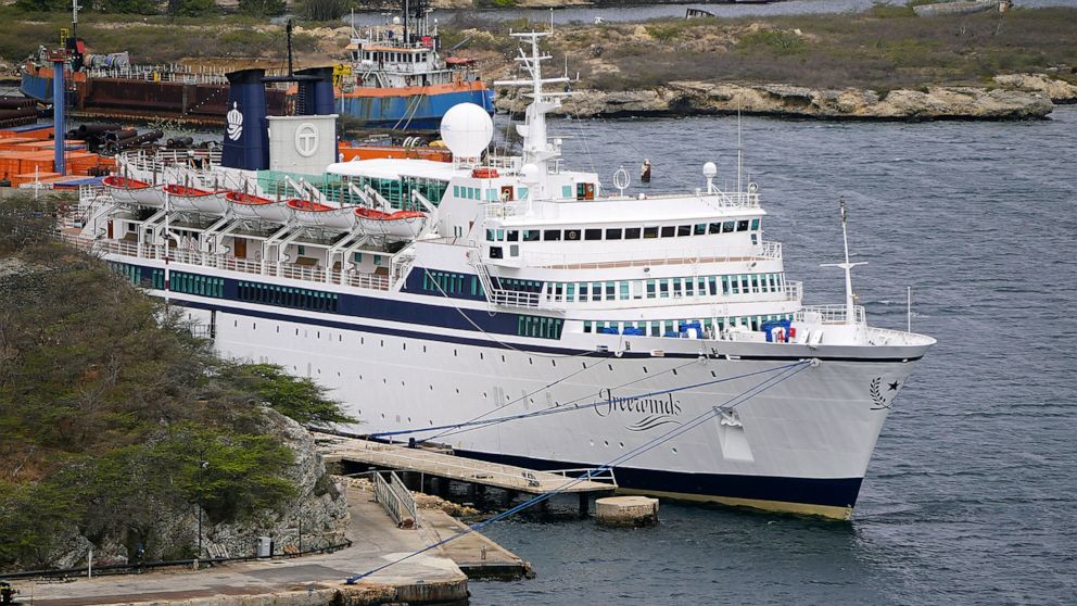 PHOTO: A 440-foot ship owned and operated by the Church of Scientology, SMV Freewinds, is docked under quarantine from a measles outbreak in port in Willemstad, Curacao, May 4, 2019.