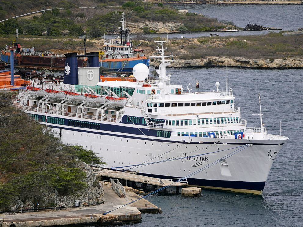 PHOTO: A 440-foot ship owned and operated by the Church of Scientology, SMV Freewinds, is docked under quarantine from a measles outbreak in port in Willemstad, Curacao, May 4, 2019.