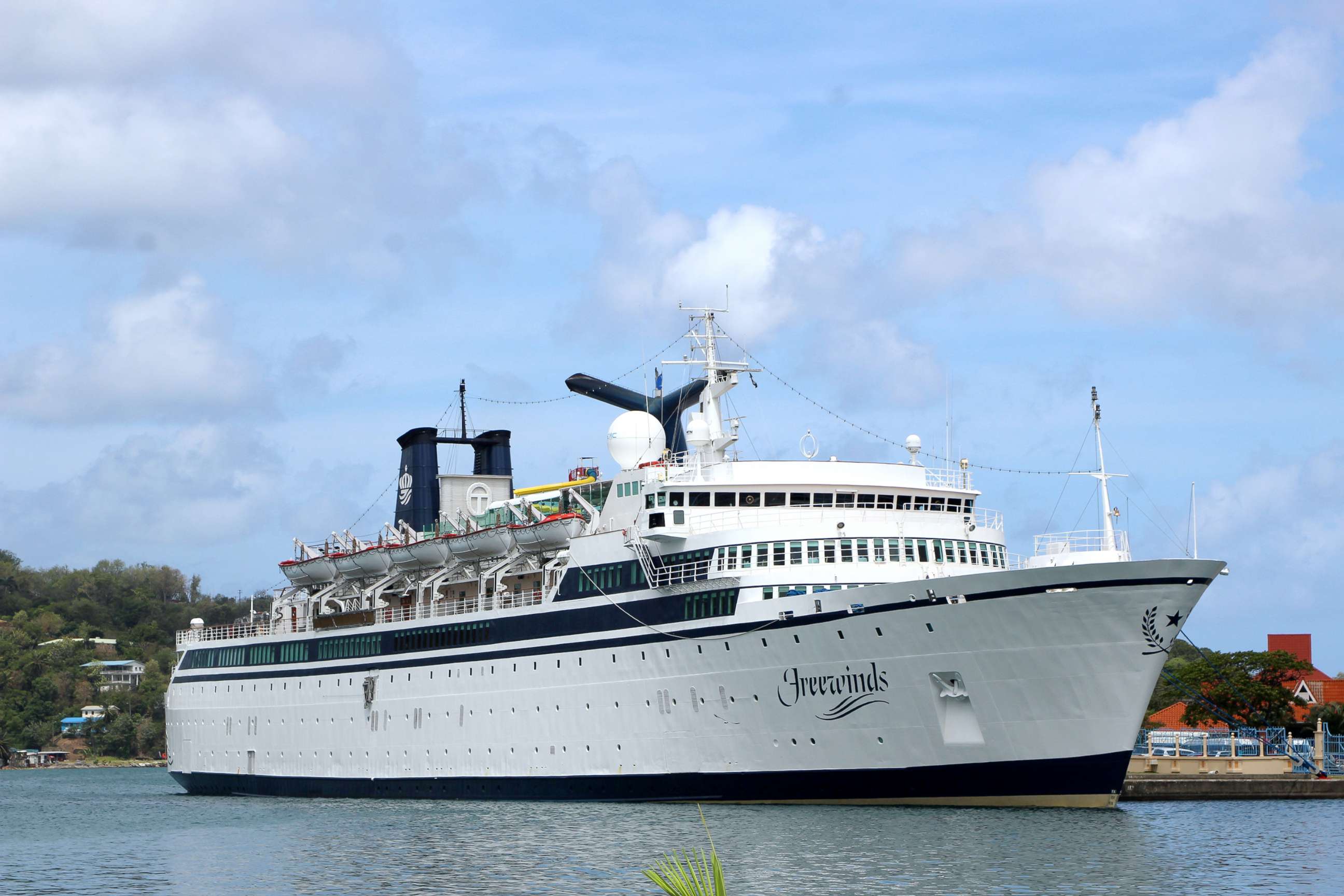 PHOTO: A 440-foot ship owned and operated by the Church of Scientology, SMV Freewinds, is docked under quarantine from a measles outbreak in a port near Castries, St. Lucia, May 2, 2019.