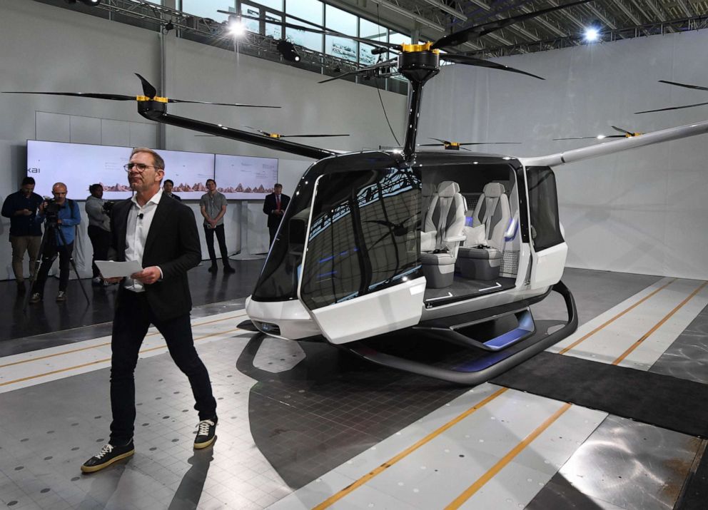 PHOTO: CEO Steve Hanvey stands next to a model of the working prototype Skai aircraft during unveiling at the BMW Designworks offices in Newbury Park, Calif., May 29, 2019.