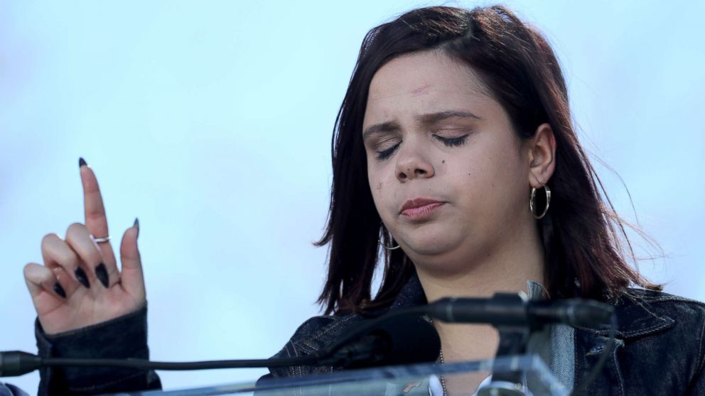 PHOTO: Marjory Stoneman Douglas student Samantha Fuentes speaks on the stage in Washington D.C.for the March For Our Live rally, March 24, 2018 in Washington, D.C.
