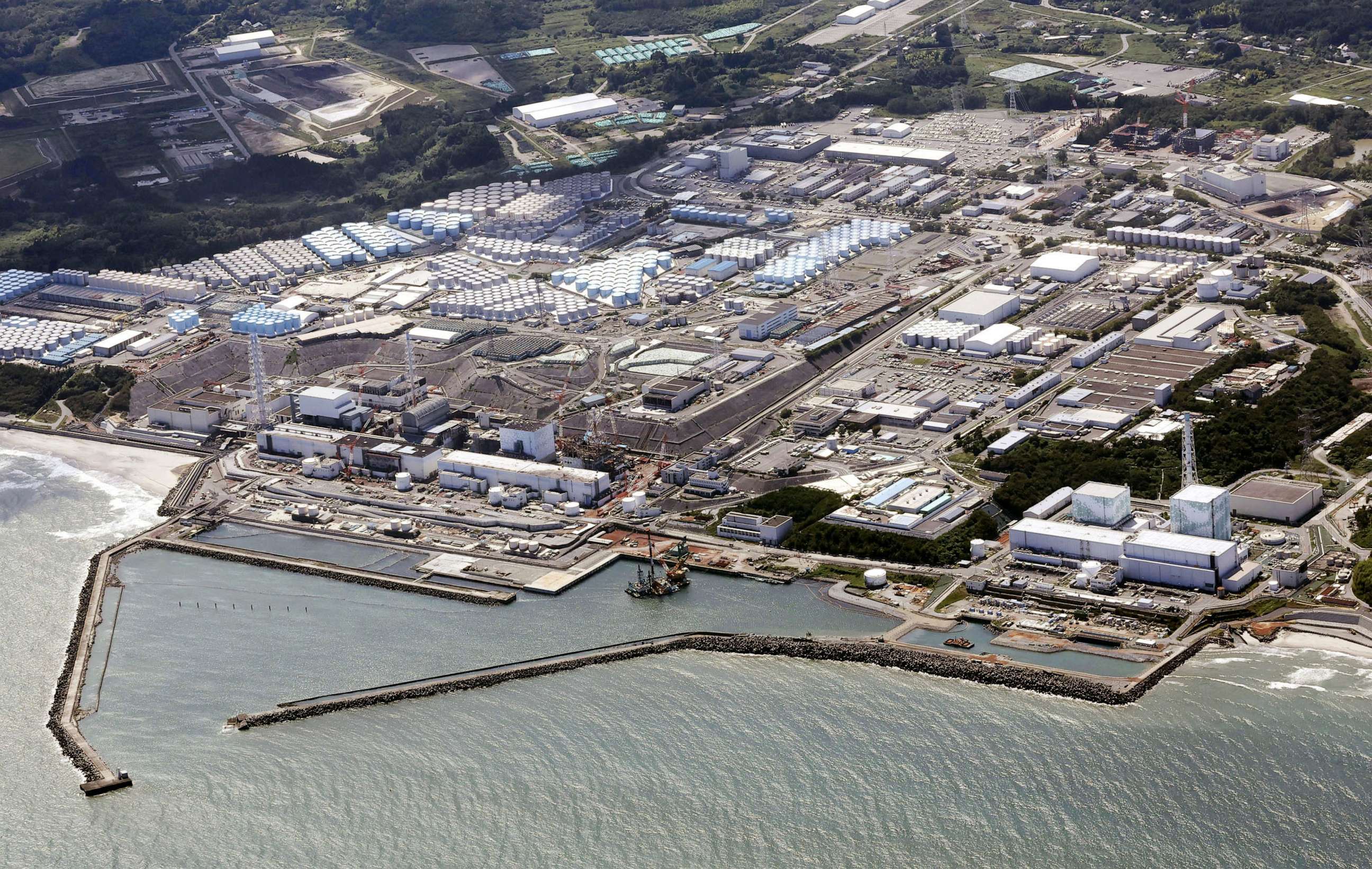 PHOTO: This aerial view shows the Fukushima Daiichi nuclear power plant in Fukushima, northern Japan, Thursday, Aug. 24, 2023, as its operator TEPCO has begun releasing its first batch of treated radioactive water into the Pacific Ocean.