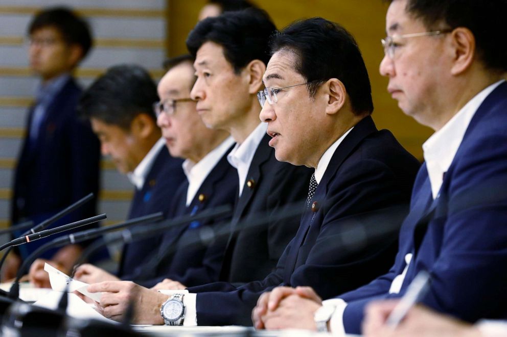 PHOTO: Japanese Prime Minister Fumio Kishida, second right, speaks during a meeting with representatives of the Inter-Ministerial Council for Contaminated Water, Treated Water and Decommissioning Issues in Tokyo Tuesday, Aug. 22, 2023.