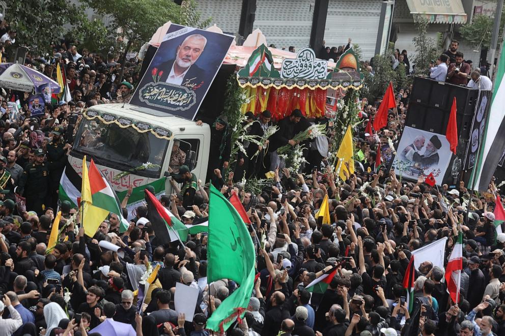 PHOTO: Iranians attend the funeral procession of assassinated Hamas chief Ismail Haniyeh in Tehran, Iran, August 1, 2024.