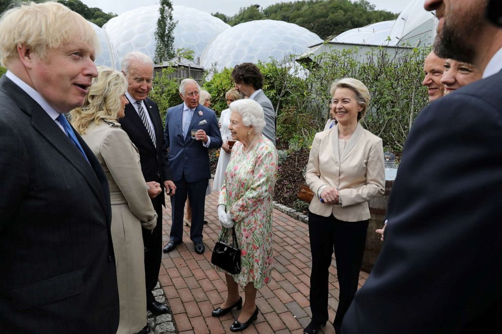 PHOTO: British Prime Minister Boris Johnson, President Joe Biden, first lady Jill Biden along with Britain's Queen Elizabeth II and Prince Charles attend a reception on the sidelines of the G7 summit in Cornwall, Britain.