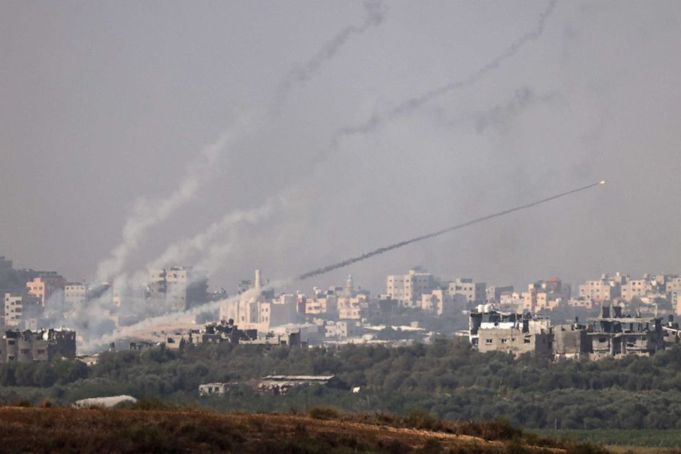 PHOTO: A picture taken from the southern Israeli city of Sderot shows rockets fired towards Israel from the Gaza Strip on Oct. 23, 2023, amid ongoing battles between Israel and the Palestinian Hamas group.