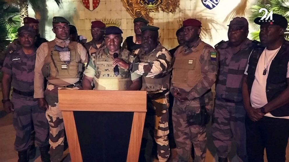 PHOTO: This video grab taken from Gabon 24 shows Gabonese soldiers appearing on television, Aug. 30, 2023 announcing they were "putting an end to the current regime" and the cancellation of an election that, according to official results, President won.