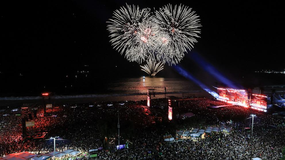 PHOTO: A fireworks show after Lady Gaga's massive free concert at Copacabana Beach on May 03, 2025 in Rio de Janeiro, Brazil.