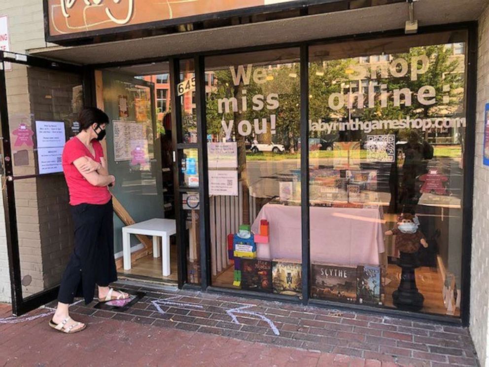 PHOTO: Kathleen Donahue’s store, Labyrinth Games & Puzzles, has reopened for limited in-store shopping but is seeing just a fraction of pre-pandemic foot traffic.