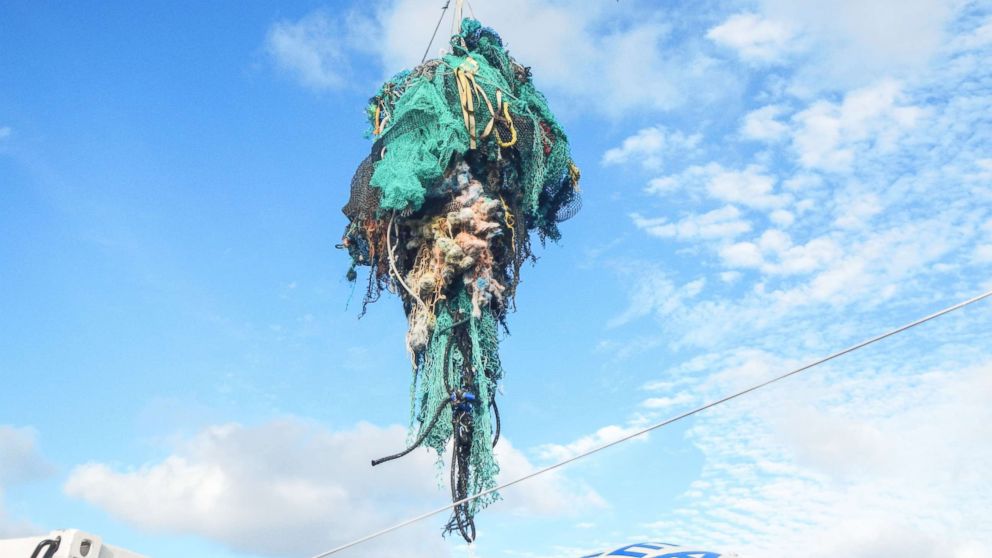 PHOTO: A photo made available by The Ocean Cleanup on March 23, 2018 shows abandoned nets and other plastic garbage being pulled out of the ocean at the Great Pacific Garbage Patch (GPGP), located between halfway between Hawaii and California.