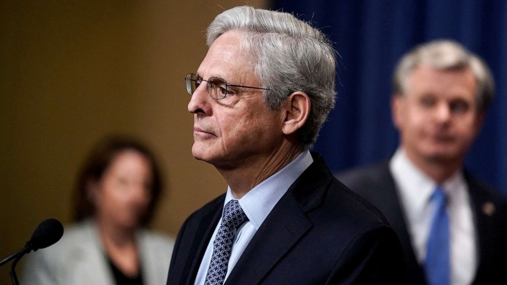 PHOTO: Attorney General Merrick Garland is flanked by Deputy Attorney General Lisa Monaco and FBI Director Christopher Wray, during a news conference at the Justice Department in Washington, D.C., April 6, 2022.