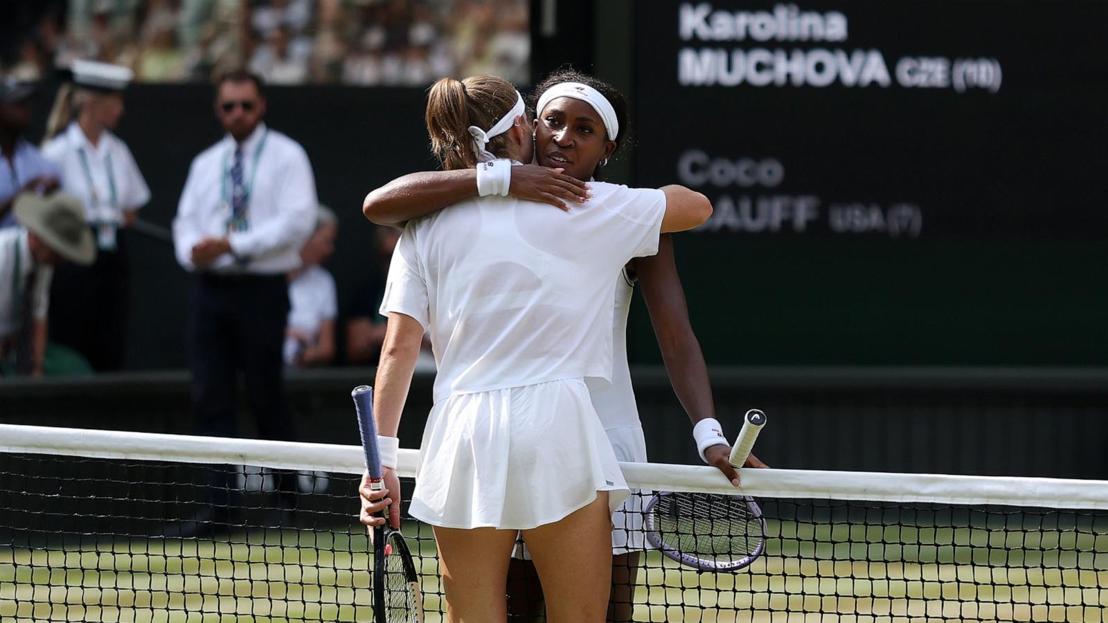 PHOTO: Coco Gauff of United States and Karolina Muchova of Czechia embrace at the net after Muchova defeated Gauff in their semifinal match at the Wimbledon Tennis Championships in London, July 9, 2026.