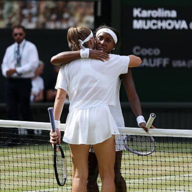 PHOTO: Coco Gauff of United States and Karolina Muchova of Czechia embrace at the net after Muchova defeated Gauff in their semifinal match at the Wimbledon Tennis Championships in London, July 9, 2026.