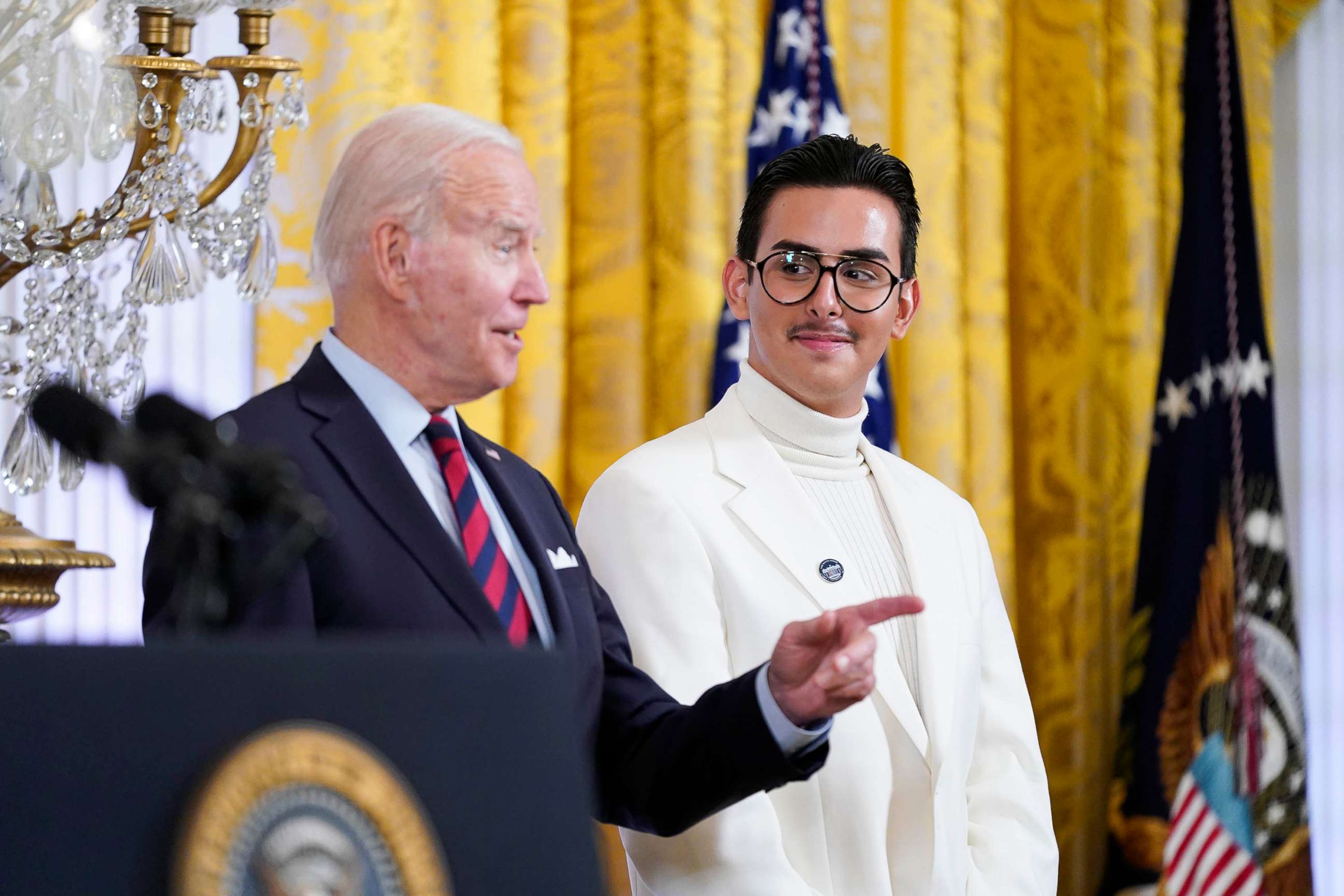 PHOTO: President Joe Biden speaks next to youth activist Javier Gomez at an event to celebrate Pride Month in the East Room of the White House in Wasington, June 15, 2022.
